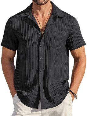 Men's Black Short Sleeve Textured Summer Collared Casual Button Down Shirts